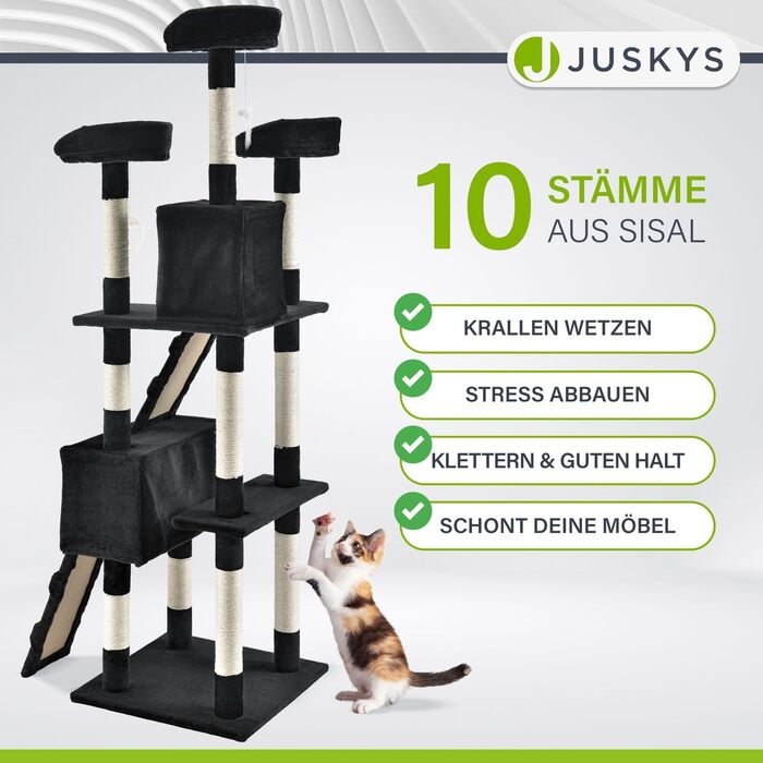 Котячий комплекс Juskys XXL Amy 170 см – стійке дерево для котів з лежаками, будиночками, драбинами та стовпчиками з сизалю, чорний