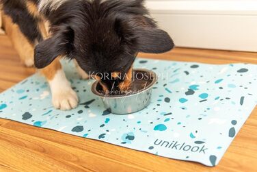 Великий водонепроникний килимок для миски собак і котів Uniklook, 71,1 x 41,9 см, легко миється, тераццо-синій