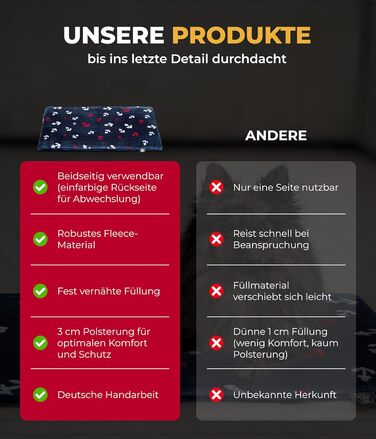 Лежак для собак HS-Hundebett® середній 65x95 см, двосторонній, м'який, 3 см наповнювач, для дивану, авто і переноски, анкер синій, вироблено в Німеччині