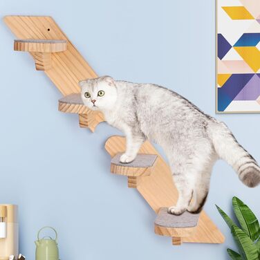 Кігтечка-полиця для котів WandMontierte Katze, дерев'яна, 4 сходинки, з плюшем, для лазіння, сну та ігор