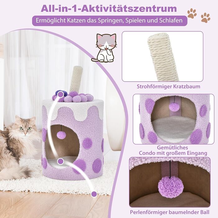 Котячий будиночок COSTWAY з когтеточкою, фіолетовий, 37x37x67 см