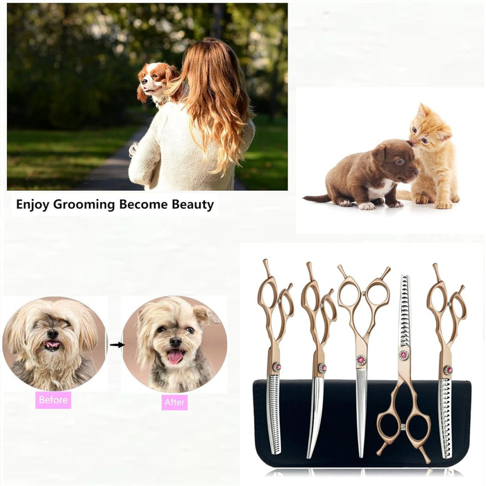 Набір професійних ножиць для грумінгу собак, 7 дюймів: прямі, вигнуті, ножиці для розрідження (40%-50%) та ножиці-секатори (60%-70%)