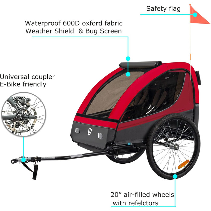 Дитячий велопричіп Tiggo VS 2в1 з амортизацією та поворотним з'єднанням 360° - для 1-2 дітей (до 40 кг), червоний