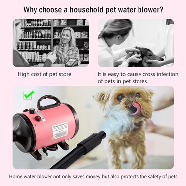 Фен для собак, 2800W, тихий, регульована швидкість та температура, 4 насадки (рожевий)