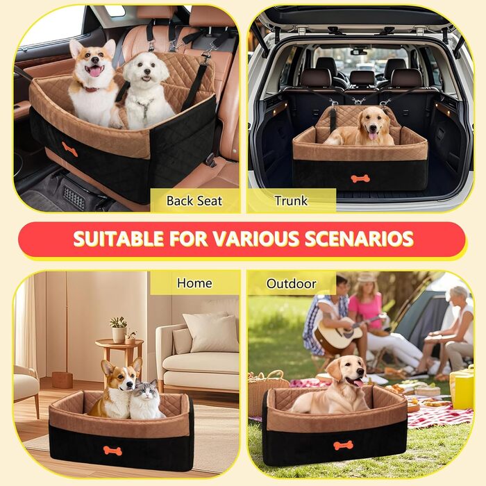 Автокрісло для собак PetsHome: комфортне та безпечне автокрісло для середніх та великих собак, знімний чохол, м'яке Memory Foam, кишені, 2 ремінці безпеки, коричневе