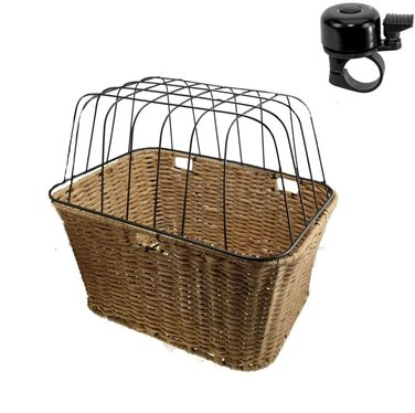 Корзина на багажник велосипеда для собак та тварин, пластик з захисним ґратом, світло-коричневий, з велосипедним дзвінком