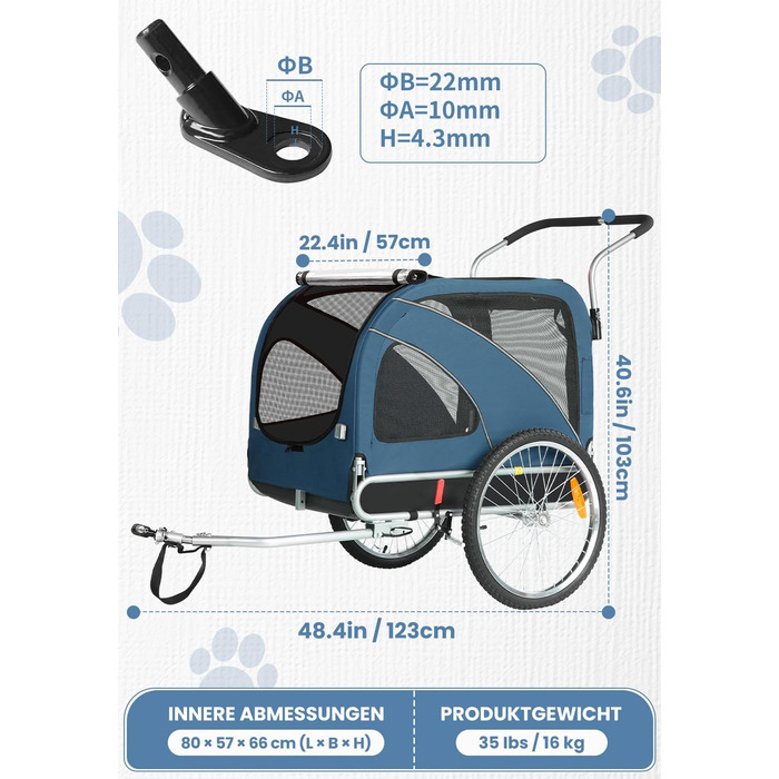 SEPNINE® Причіп для собак XL 2-в-1, велосипедний та візок для собак до 40 кг, складний з гальмами та зчіпним пристроєм, для середніх та великих собак – блакитний